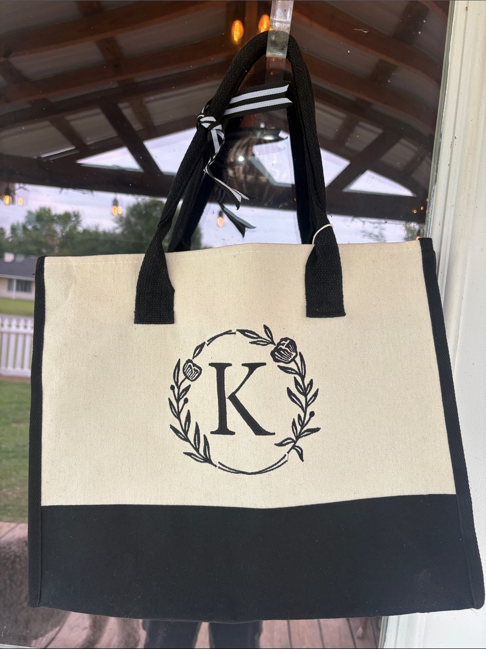 K Monogram Large Tote Bag in Black & Cream + Small K Pouch!